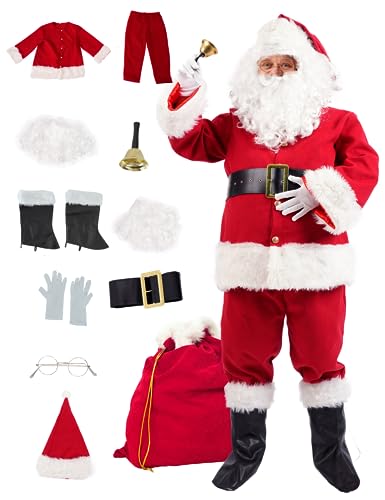 Padama Weihnachtsmann-Kostüm für Herren, Weihnachtsmann-Anzug, Erwachsene, Herren, 11-teilig, professionelles Weihnachtsoutfit in Übergröße für Weihnachten, Urlaub, Party, Rot von Padama