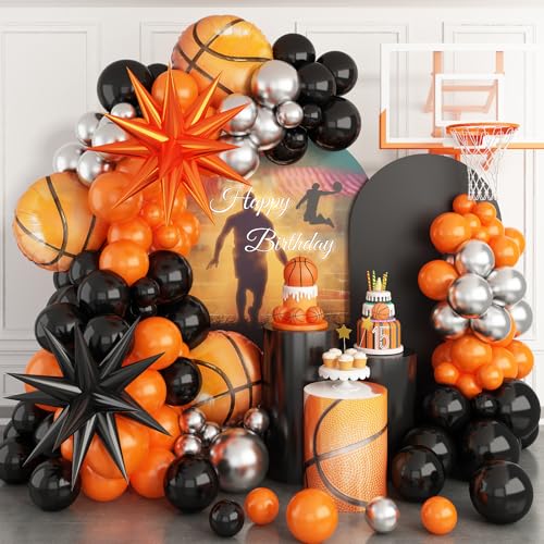 Luftballon Girlande Basketball mit Sternballons, 111 Stück Orange und Schwarz Ballongirlande, Orange Silber Schwarz Ballons für Jungen Geburtstag Baby Shower Sport Thema Party Deko von Paeyeq