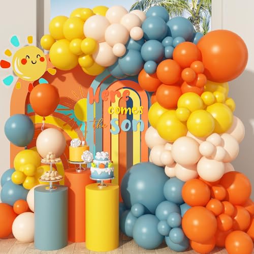 128 Stück Luftballon Girlande Retro Blau und Orange, Ballongirlande Regenbogen Blaue und Orange Beige Ballons für Here Comes the Son Baby Shower Geschlecht offenbaren Geburtstag Boho Jubiläum Deko von Paeyeq