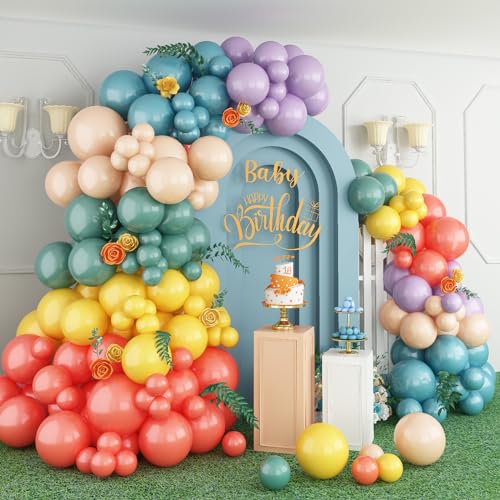 144 Stück Regenbogen Luftballon Girlande, Ballongirlande mit Retro Blau Orange Beige Gelb Metallic Lila, Bunt Ballons für Kindergeburtstag Geburtstag Babyparty Geschlecht Offenbaren Boho Party Deko von Paeyeq