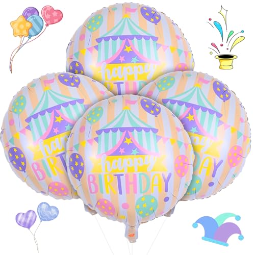 45,7 cm Zirkus Happy Birthday Folienballons, 4 Stück Mylar Runde Zirkusballon mit Pastellzelt Karneval Druck, Pastell-Regenbogenballon für Kinder Clown Babyparty Karneval Geburtstag Party Dekorationen 45,7 cm Zirkus Happy Birthday Folienballons, 4 Stück Mylar Runde Zirkusballon mit Pastellzelt Karneval Druck, Pastell-Regenbogenballon für Kinder Clown Babyparty Karneval Geburtstag Party Dekorationen von Paeyeq