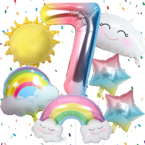 7 Jahre Regenbogen Geburtstag Deko für Mädchen, Regenbogen Folienballon 7, Regenbogen Geburtstagsdeko mit Regenbogen Sonne Folie Luftballon Regenbogen Sterne Ballons für 7. Geburtstag Mädchen Deko von Paeyeq