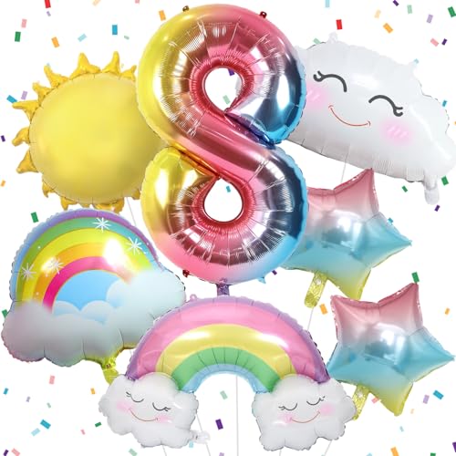 8 Jahre Regenbogen Geburtstag Deko für Mädchen, Regenbogen Folienballon 8, Regenbogen Geburtstagsdeko mit Regenbogen Sonne Folie Luftballon Regenbogen Sterne Ballons für 8. Geburtstag Mädchen Deko von Paeyeq