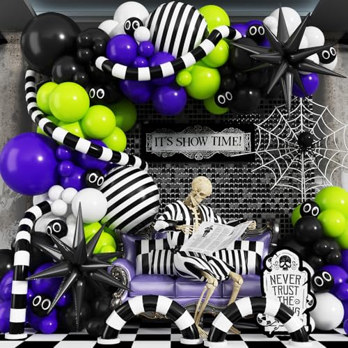 Halloween Ballon Bogen Girlande Kit, Lila Neon Grün Party Dekor mit Stern Spikes & Schwarz und Weiß Streifen Folienballons, Schwarze Augen Grün Gruselballon für Halloween Outdoor Party Dekorationen Halloween Ballon Bogen Girlande Kit, Lila Neon Grün Party Dekor mit Stern Spikes & Schwarz und Weiß Streifen Folienballons, Schwarze Augen Grün Gruselballon für Halloween Outdoor Party Dekorationen von Paeyeq
