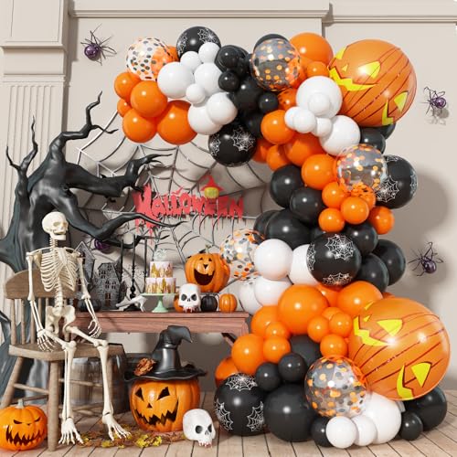 Halloween Luftballon Girlande, 110 Stück Orange Schwarz Spinnennetz Druck Konfetti Ballon Girlande Deko mit 4D Kürbis Folienballon für Kinder Halloween Geburtstag Gruselige Party Garten Dekoration von Paeyeq