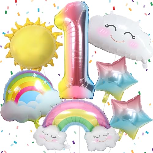 Luftballon Regenbogen Deko 1. Geburtstag Mädchen, Regenbogen Sonne Folie Luftballons, Regenbogen Sterne und Zahl 1 Folienballon für 1 Jahr Mädchen Geburtstagsdeko Regenbogen Kindergeburtstag Deko von Paeyeq