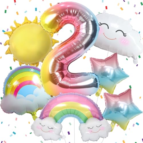 Luftballon Regenbogen Deko 2. Geburtstag Mädchen, Regenbogen Sonne Folie Luftballons, Regenbogen Sterne und Zahl 2 Folienballon für 2 Jahr Mädchen Geburtstagsdeko Regenbogen Kindergeburtstag Deko von Paeyeq