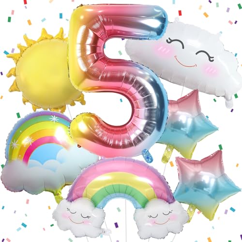 Luftballon Regenbogen für Mädchen 5. Geburtstag Dekoration Regenbogen Sonne Folie Luftballon Regenbogen Sterne und Zahl 5 Folienballon für Geburtstagsdeko Mädchen 5 Jahr Regenbogen Thema Party Deko von Paeyeq