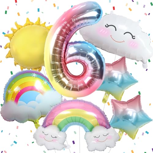 Luftballon Regenbogen für Mädchen 6. Geburtstag Dekoration Regenbogen Sonne Folie Luftballon Regenbogen Sterne und Zahl 6 Folienballon für Geburtstagsdeko Mädchen 6 Jahr Regenbogen Thema Party Deko von Paeyeq