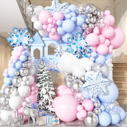 Luftballons Girlande Frozen, 114 Stück Frozen Ballons Girlande Blau Pink Weiß mit Schneeflocke Folienballons für Mädchen Frozen Geburtstagsdeko Winter Deko Babyparty Weihnacht Party Dekorationen von Paeyeq