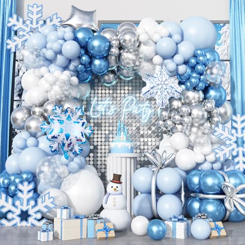 Luftballons Girlande Frozen, 125 Stück Frozen Ballons Geburtstagsdeko Girlande Winter Hell Blau Weiß Silber mit Schneeflocke Stern Folienballons für Kind Geburtstag Babyparty Weihnacht Party Deko von Paeyeq