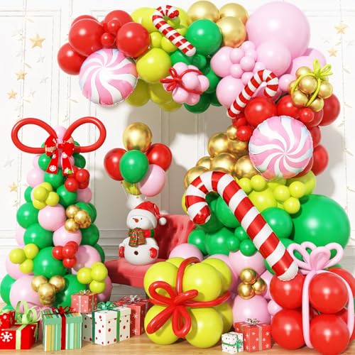 Weihnachts Deko Girlande, Weihnachten Luftballon Girlande Rot Grün Rosa Gold Weihnachtsballons mit Bunt Lang Ballon Süssigkeit Zuckerstangen Folienballons für Christmas Xmas Weihnachtsfeier Dekoration von Paeyeq