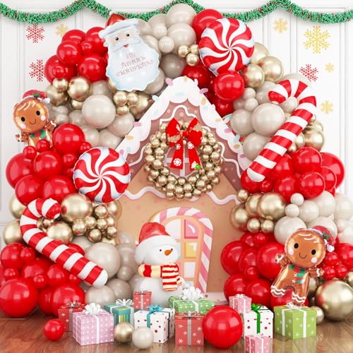 Weihnachts Deko Ballon Girlande, Weihnachtens Luftballon Girlande Rot Beige Gold Weihnachtsballons mit Zuckerstangen Nikolaus Lebkuchenmann Folienballons für Christmas Xmas Weihnachtsdeko Party Deko von Paeyeq