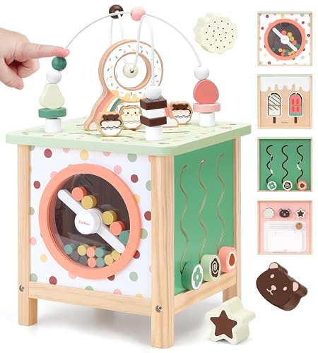 PairPear Motorikwürfel Holzspielzeug Montessori Spielzeug Aktivität Würfel für Kleinkinder Lernspielzeug, Baby Holzspielzeug Montessori Geschenk Mädchen Jungen 7 in 1 von PairPear