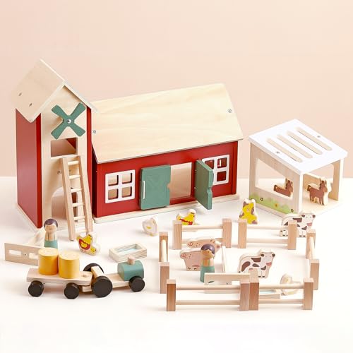 PairPear Bauernhof Spielzeugset aus Holz Kinder Spielset mit Bauernhof Farmtiere, Traktor, Figuren, Zäunen, Spielzeug Scheune mit Zubehör Kinder Geschenk für Mädchen und Jungen ab 3 Jahren Wooden Farm von PairPear