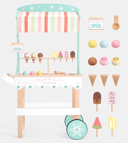 PairPear Holz Eiswagen für Kinder Rollenspiel Lebensmittelgeschäft Eiswagen 2 in 1 Holzspielzeug Lebensmittelwagen Spielküche Kleinkinder Geschenk Jungen und Mädchen ab 3 Jahren Wooden Ice Cream Cart von PairPear