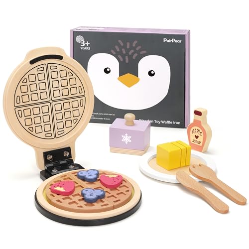 PairPear Waffeleisen aus Holz Spielzeug Lebensmittelsatz Rollenspiel Küchenzubehör Holz Backspielset Frühstücks und Teesets für Kinder Geschenk für Mädchen und Jungen ab 3 Jahren Wooden Waffle Maker von PairPear