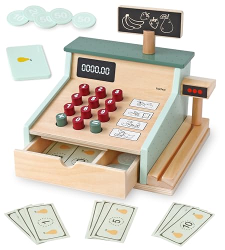 PairPear Kinder Kasse aus Holz spielkasse Kinder mit Scanner, Kartenlesegerät, Kreditkarten und Spielgeld Kasse Kaufladen Zubehör Holz Geschenk für Jungen und Mädchen ab 3 Jahren Registrierkasse von PairPear