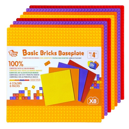 Pairez Toys Baustein-Grundplatten Multipack, 32x32 Noppen, 8er Pack in 4 Regenbogenfarben: Orange, Rot, Gelb & Lila, Basis für Baustein-Kreationen, 10x10 Zoll (25,5x25,5 cm) von Pairez Toys