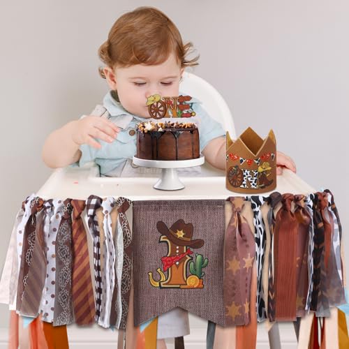 Pajean 3 Stück Cowboy-Dekorationen zum ersten Geburtstag, Hochstuhl-Banner, Western-Cowboy-Kuchenaufsatz und Kronenhut, Cowboy-Rodeo, Geburtstagszubehör für Babyparty, Westerngeburtstag, von Pajean