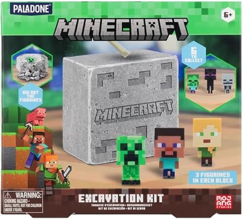 Minecraft Paladone Offiziell Lizenziertes Ausgrabungs-Set für Kinder, Gamer-Dekor und Geschenk für Jungen und Mädchen, 3 ikonische Spielfiguren enthalten, interaktives Grabspielzeug von Paladone