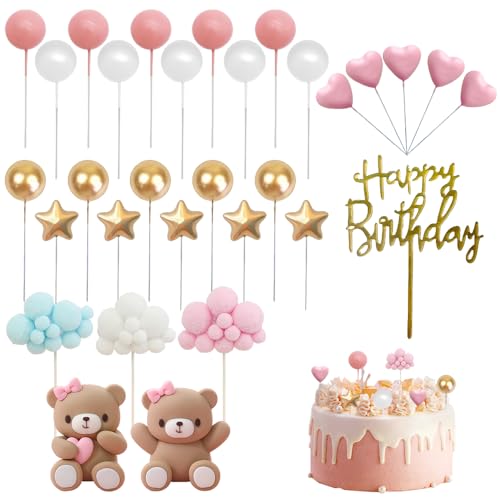 Palwin 31 Stück Teddybär Tortendeko Rosa, Süße Bär Kuchen Deko mit Happy Birthday Cake Topper, DIY Tortendeko Kugeln, Kuchendeko Bär für Mädchen Junge Geburtstag Party, Hochzeiten, Jubiläum von Palwin