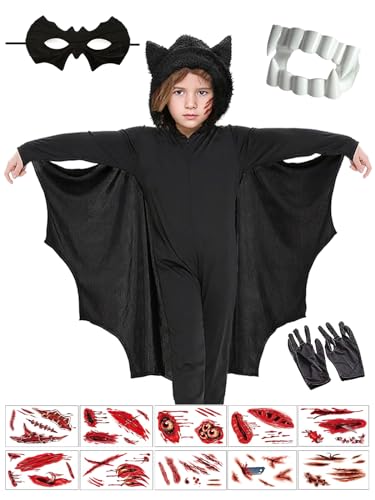 Pamerner Fledermaus Kostüm Kinder Mädchen Jungen, Halloween Kostüm Kinder Fledermaus, Vampir Kostüm Mit 2x Vampirzähne, Fledermaus Maske, 20x Tattoo-Aufkleber, Karneval Faschingskostüme von Pamerner