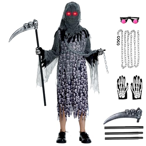 Pamerner Halloween Kostüm Kinder - Sensenmann Kostüm für Jungen mit Rote Augen, Für Halloween, Karneval, Fasching oder andere Cosplay-Partys (XL) von Pamerner