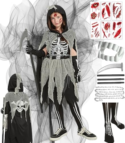 Pamerner Halloween Sensenmann Kostüm Mädchen Kinder, Skelett Kostüm, Grim-Reaper Mit Vampirzähne Und Tattoo-Aufkleber, Für Karneval Fasching Cosplay Party von Pamerner