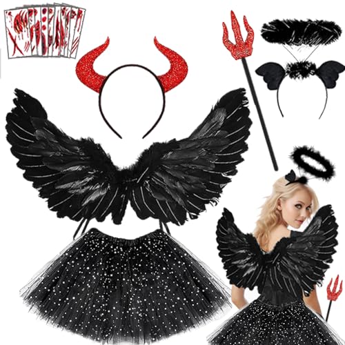 Pamerner Teufel Kostüm Damen Mädchen - Engelsflügel Schwarz Set - mit Heiligenschein, Teufelshörner, Teufelsgabel, TüllRock, Tattoo Aufkleber, Engel kostüm für Halloween Karneval Fasching (60 * 35cm) von Pamerner