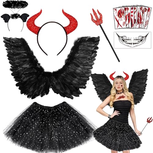 Pamerner Teufel Kostüm Damen Mädchen - Engelsflügel Schwarz Set - mit Heiligenschein, Teufelshörner, Teufelsgabel, TüllRock, Tattoo Aufkleber, Engel kostüm für Halloween Karneval Fasching (73*50cm) von Pamerner