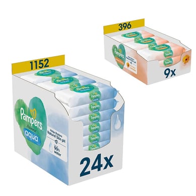 Pampers Feuchttücher-Set Harmonie Protect & Care Calendula, 396 Tücher (9 x 44 Stk) und Harmonie Aqua 1.152 Tücher (24 x 48 Stk) von Pampers