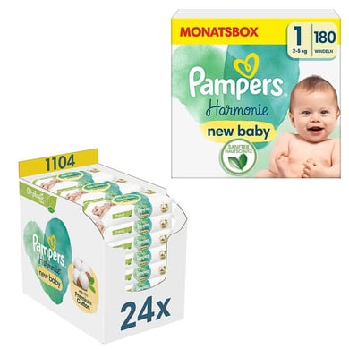 Pampers Windel-Set Harmonie Gr.1 Newborn, 2-5 kg (180 Windeln) und Feuchttücher Harmonie New Baby, 1.104 Tücher (24 x 46 Stk) von Pampers