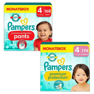 Pampers Windel-Set Premium Protection Pants, Gr. 4, 9-15kg (168 Windeln) und Premium Protection Windeln, Gr. 4 Maxi, 9-14kg (174 Windeln) von Pampers