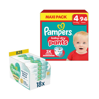 Pampers Windelset Baby-Dry Pants, Gr. 4 Maxi, 9-15kg, Maxi Pack (1 x 94 Pants) und Feuchttücher Harmonie New Baby, 828 Tücher (18 x 46 Stk) von Pampers