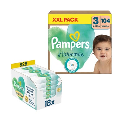 Pampers Windelset Harmonie Gr.3 Midi, 6-10kg, XXL Pack (1x 104 Windeln) und Feuchttücher Harmonie New Baby, 828 Tücher (18 x 46 Stk) von Pampers