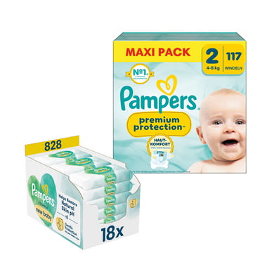 Pampers Windelset Premium Protection, Gr. 2 Mini 4-8kg, Maxi Pack (1x 117 Windeln) und Feuchttücher Harmonie New Baby, 828 Tücher (18 x 46 Stk) von Pampers