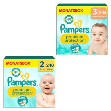 Pampers Windelset Premium Protection, New Baby Gr. 2 Mini, 4-8kg, Monatsbox (1x 240 Windeln) und Gr. 3 Midi, 6-10kg, Monatsbox (1x 204 Windeln) von Pampers