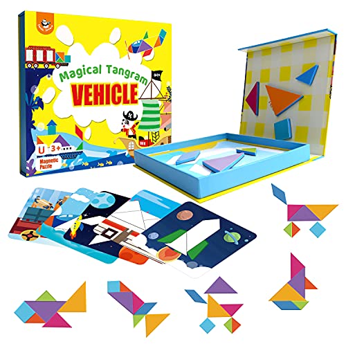 Tangram Puzzle-Set, Musterblöcke, magnetisches Puzzle, pädagogisches Spielzeug für Kinder im Alter von 3–8 Jahren, geometrische Form, Puzzle, Kindergarten, klassisch mit 24 Designkarten (Fahrzeuge) von Panda Juniors