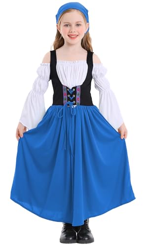 Mädchen Mittelalterliche Prinzessin Kostüm Oktoberfest Bauernkleid Cosplay Kleid Renaissance Halloween Kostüm Kinder Fee Langes Glockenärmel Kleid Blau L von Panegy