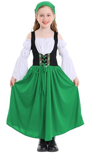 Mädchen Mittelalterliches Renaissance Jahrmarkt Kleid Kinder Bauer Halloween Überkleid Langarm Cosplay Kostüm Prinzessin Verkleiden Kostüm Grün XL von Panegy