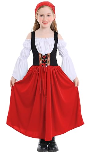 Mädchen Mittelalterliches Renaissance Jahrmarkt Kleid Prinzessin Verkleiden Kostüm Langes Glockenärmeliges Cosplay Kostüm Kinder Bauernkleid Halloween Überkleid Rot L von Panegy