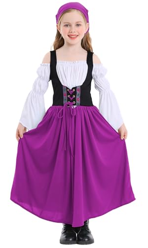 Mädchen Renaissance Prinzessin Kleid Halloween Vampir Cosplay Karneval Kleidung Kinder Vintage Oktoberfest Kleid Bauer Mittelalterlich Kostüm Lila XL von Panegy