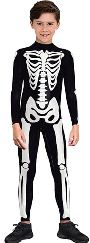 Panegy Halloween Kinder Skelett Kostüm Jungen Mädchen Schädel Einteilig Cosplay Glühen im Dunkeln Gruselig Jumpsuit Kinder Zip Up Bedruckt Böse Bodysuit Schwarz 6-7 Jahre von Panegy