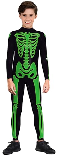 Panegy Halloween Kinder Skelett Kostüm Kinder Zip Up gedruckt Wicked Bodysuit Jungen Mädchen Schädel ein Stück Cosplay Glühen im Dunkeln Scary Jumpsuit Grün 10-11 Jahre von Panegy