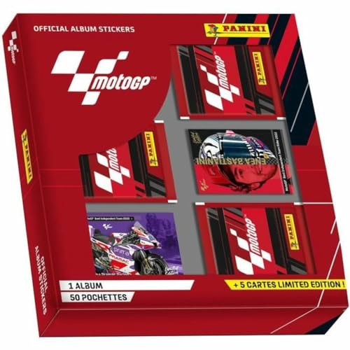 Panini 004616MCOUFC Moto GP 2023 Sticker Sammelbox mit 1 Album + 50 Hüllen + 5 Karten Limited Edition von Panini