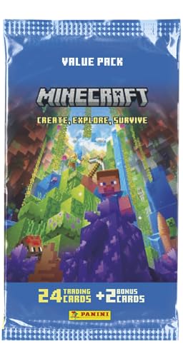 Panini Minecraft Trading Cards 3-Create, Explore, Survive Fat Pack 24, 2 Bonuskarten, 004734B26FPF von Panini