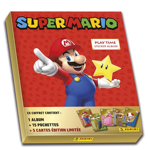 Panini Super Mario Sticker Set mit 1 Album + 15 Hüllen + 5 Karten, limitierte Edition, Gold, 004218MCOUAFGDC von Panini