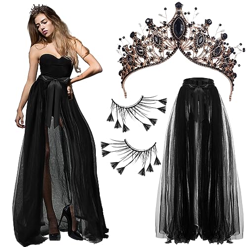 Panitay 3 Stück Halloween Gothic Kostüme für Frauen Maxi Tüll Lange Röcke, Tiara Queen Crown und Spinne Wimpern für Hochzeit Cocktail Party Abschlussball Bandage Mesh Kleid Braut, Schwarz, As the von Panitay