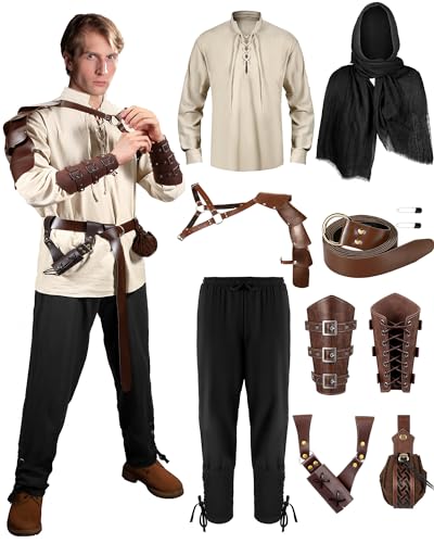 Panitay 8-teiliges Halloween-Kostüm-Set für Herren, Renaissance, mittelalterliches Wikinger-Shirt, Hose, Gürtel, Umhang, Schwerttasche (XL, klassische Farbe) von Panitay